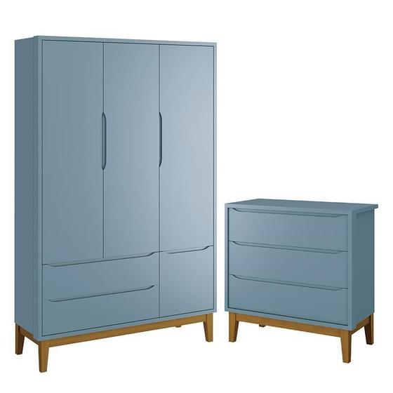 Imagem de Jogo de Quarto Infantil Guarda Roupa 3 Portas e Cômoda 3 Gavetas Classic Azul Fosco com Pés Amadeirado - Reller Móveis