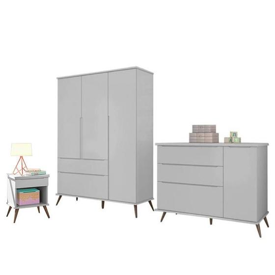 Imagem de Jogo de Quarto Infantil Retrô Melinda Guarda Roupa, Cômoda com Porta e Mesinha Cinza - Phoenix Baby