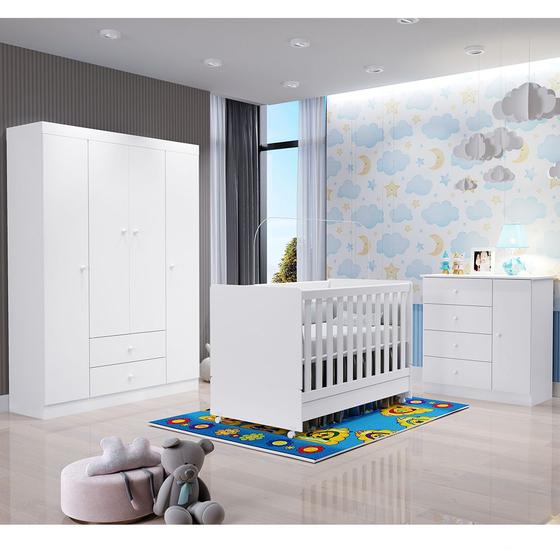 Imagem de Jogo de Quarto Infantil Roupeiro Cômoda Berço Mini Cama Ana - Branco