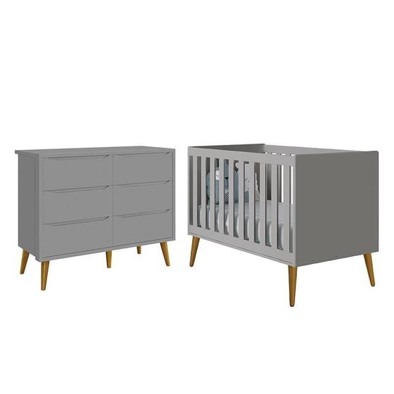 Imagem de Jogo de Quarto Infantil Theo Cômoda 6 Gavetas e Berço Cinza Fosco com Pés Amadeirado - Reller Móveis