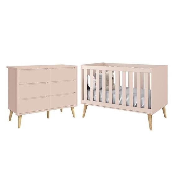 Imagem de Jogo de Quarto Infantil Theo Cômoda 6 Gavetas e Berço Rosa Fosco com Pés Madeira Natural - Reller Mó