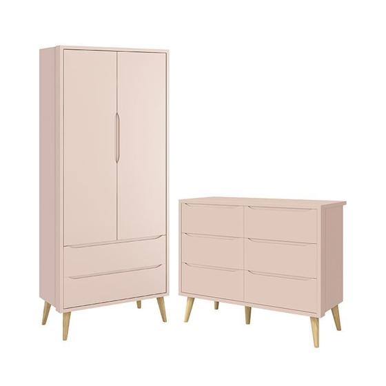 Jogo de Quarto Infantil Theo Guarda Roupa 2 Portas e Cômoda 6 Gaveta Rosa Fosco com Pés Madeira Natu - Reller Móveis Imagem de Jogo de Quarto Infantil Theo Guarda Roupa 2 Portas e Cômoda 6 Gaveta Rosa Fosco com Pés Madeira Natu