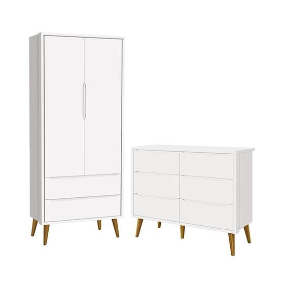 Imagem de Jogo de Quarto Infantil Theo Guarda Roupa 2 Portas e Cômoda 6 Gavetas Branco Fosco com Pés Amadeirado - Reller Móveis