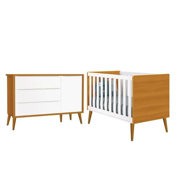 Imagem de Jogo de Quarto Infantil Theo Retrô Cômoda 1 Porta e Berço com Pés Amadeirado - Reller Móveis