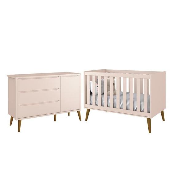 Imagem de Jogo de Quarto Infantil Theo Retrô Cômoda 1 Porta e Berço Rosa com Pés Amadeirado - Reller Móveis