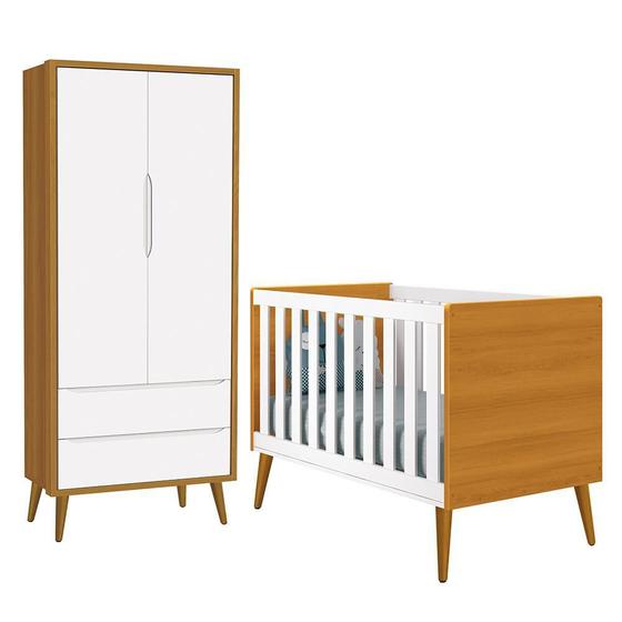 Imagem de Jogo de Quarto Infantil Theo Retrô Guarda Roupa 2 Portas e Berço com Pés Amadeirado - Reller Móveis