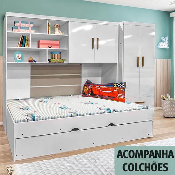 Imagem de Jogo de Quarto Modulado Infantil Chiara com Guarda Roupa, Módulo Aéreo, Cama com Auxiliar e Colchões D20 - Art Home