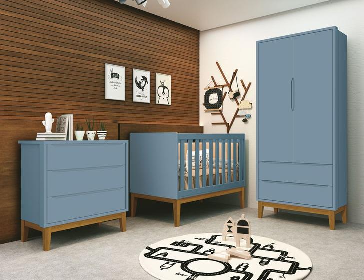 Imagem de Jogo de Quarto para Bebê Completo 2 Portas Classic New Azul Fosco com Madeira - Reller