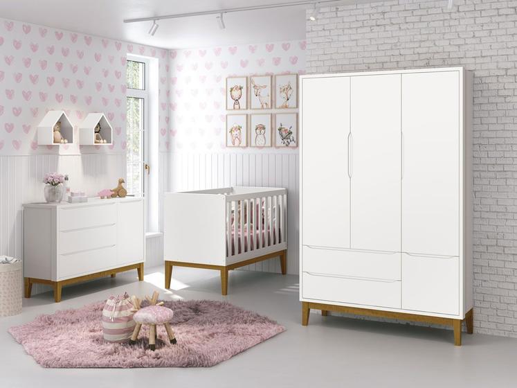 Imagem de Jogo de Quarto para Bebê Completo 3 Portas Classic New Branco Fosco com Madeira - MoveisAqui
