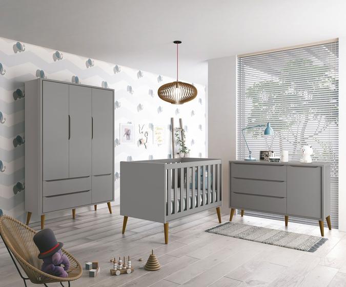 Imagem de Jogo de Quarto para Bebê Completo 3 Portas Théo New Cinza Fosco com Madeira - MoveisAqui