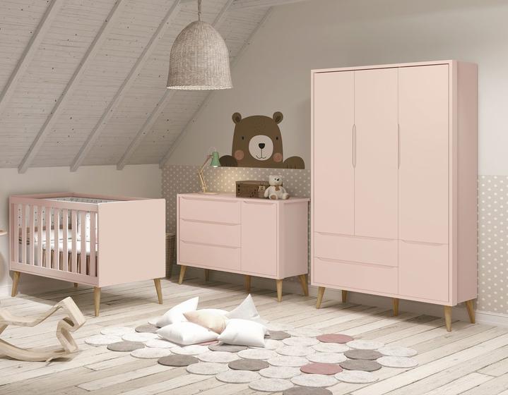 Imagem de Jogo de Quarto para Bebê Completo 3 Portas Théo New Rosa Fosco com Natural - Reller