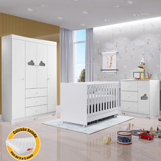 Imagem de Jogo de Quarto para Bebe Guarda Roupa Ane, Cômoda, Berço e Colchão