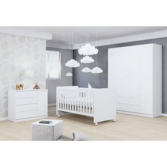 Imagem de Jogo De Quarto Para Bebê Helena Com Guarda Roupa 4 Portas + Cômoda + Berço Mini Cama 100 - Phoenix Baby