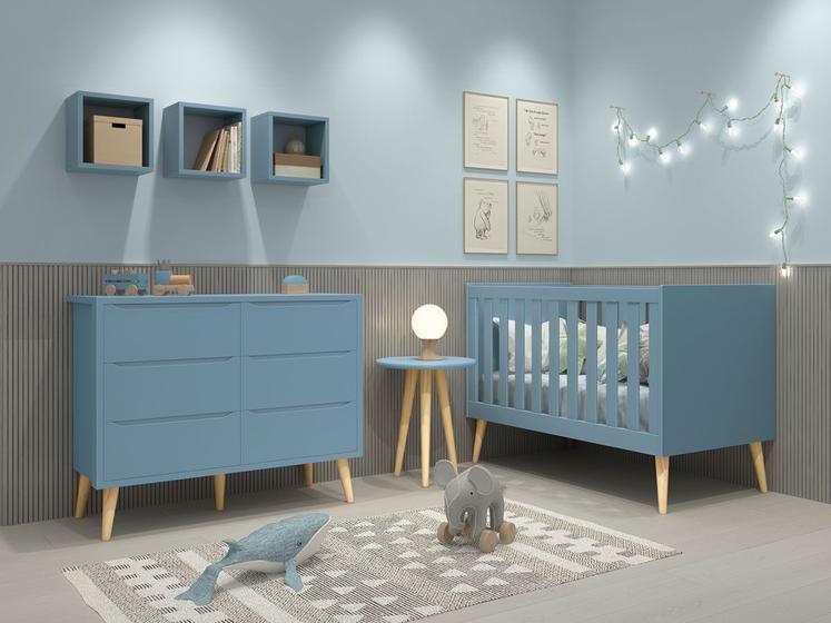 Jogo de Quarto para Bebê Théo New Azul Fosco com Natural - Reller Menor preço em Jogo de Quarto para Bebê Théo New Azul Fosco com Natural - Reller