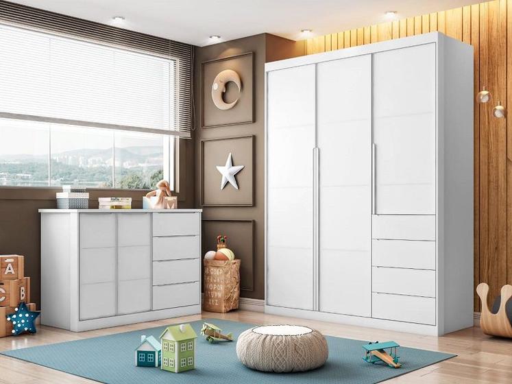 Imagem de Jogo de quarto Pérola com guarda roupa 3 portas e 4 gavetas + cômoda 2 portas e 4 gavetas - Branco - Phoenix Baby