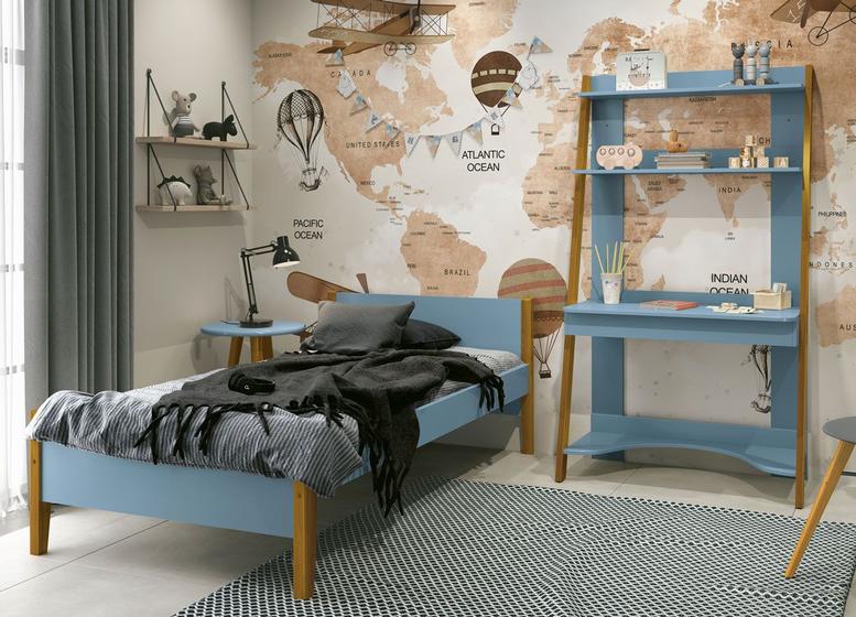 Imagem de Jogo de Quarto Solteiro Simba Azul Fosco com Madeira - MoveisAqui