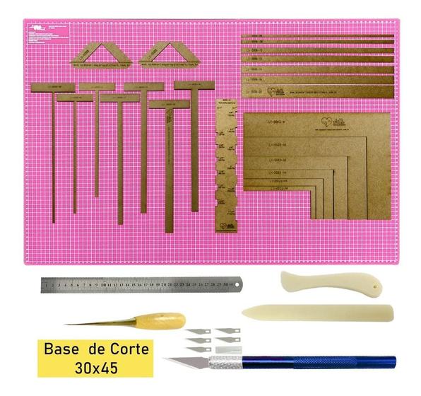 Imagem de Jogo de Réguas Gabaritos De Mdf Kit Cartonagem Scrapbook Base De Corte 45x30 Régua de Inox Vincador