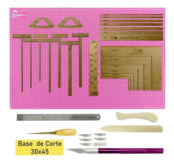 Imagem de Jogo de Réguas Gabaritos De Mdf Kit Cartonagem Scrapbook Base De Corte 45x30 Régua de Inox Vincador