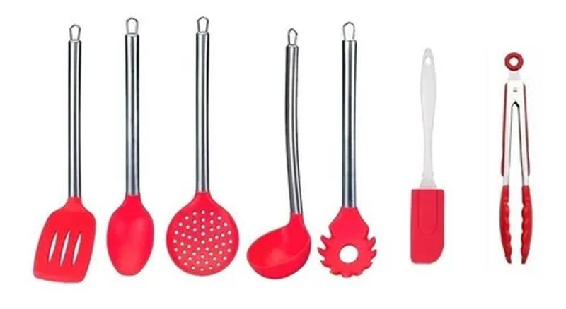 Jogo De Silicone Vermelho Colher Concha Escumadeira Kit 7 Pç Menor preço em Jogo De Silicone Vermelho Colher Concha Escumadeira Kit 7 Pç