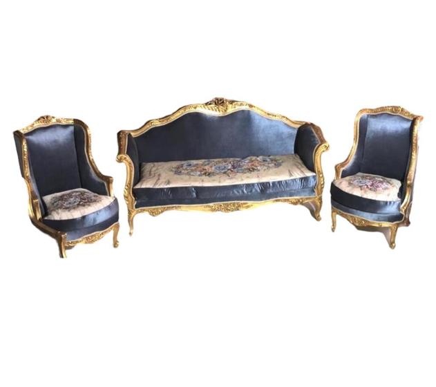 Imagem de Jogo de Sofá Luiz XV Finos Entalhes Madeira de lei Folhada a Ouro Tecido Cintilante Assento Floral