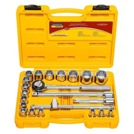 Jogo de soquete estriado de 8 a 32 mm encaixe 1/2" com 22 peças aço cromo vanádio - Tramontina Menor preço em Jogo de soquete estriado de 8 a 32 mm encaixe 1/2" com 22 peças aço cromo vanádio - Tramontina