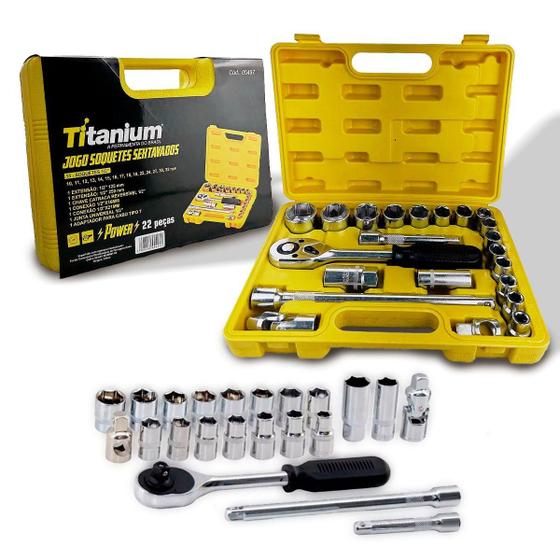 Imagem de Jogo de Soquetes Sextavados 22 Peças Titanium Com Chave de Catraca 1/2 Pol. Mecânica Automotiva Para Apertos de Parafusos e Porcas Profissional