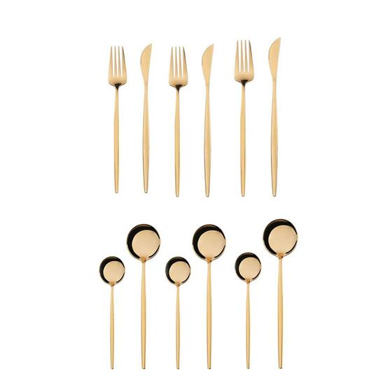 Imagem de Jogo de Talheres 12 Peças Conjunto Luxo Dourado Colher Garfo Faca Jantar Cozinha Mesa Gourmet