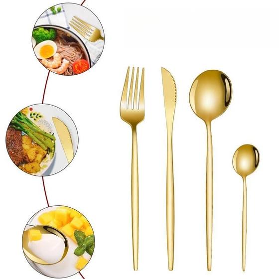 Imagem de Jogo de Talheres 24 Peças Faqueiro talher Aço Inox Cozinha Dourado