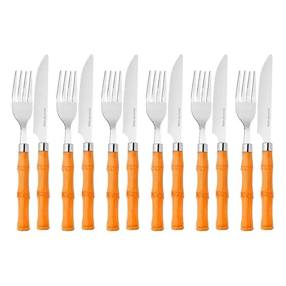 Imagem de Jogo de Talheres 6 Garfos de Mesa 6 Facas de Mesa Cabo Bambu Plástico Inox Class Home