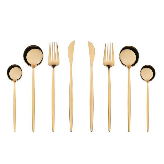 Imagem de Jogo de Talheres 8 Peças Conjunto Luxo Dourado Colher Garfo Faca Jantar Cozinha Mesa Gourmet