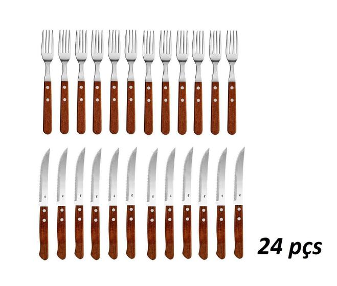 Jogo de Talheres Garfo e faca Churrasco com Lâminas Inox cabo Madeira 24 pçs UP Home Menor preço em Jogo de Talheres Garfo e faca Churrasco com Lâminas Inox cabo Madeira 24 pçs UP Home