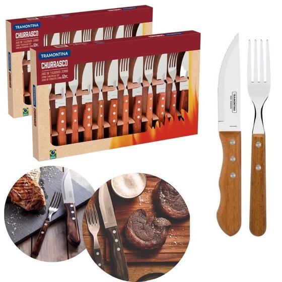 Imagem de Jogo de Talheres Grandes Madeira Jumbo Churrasco Tramontina Inox 24 Peças Original