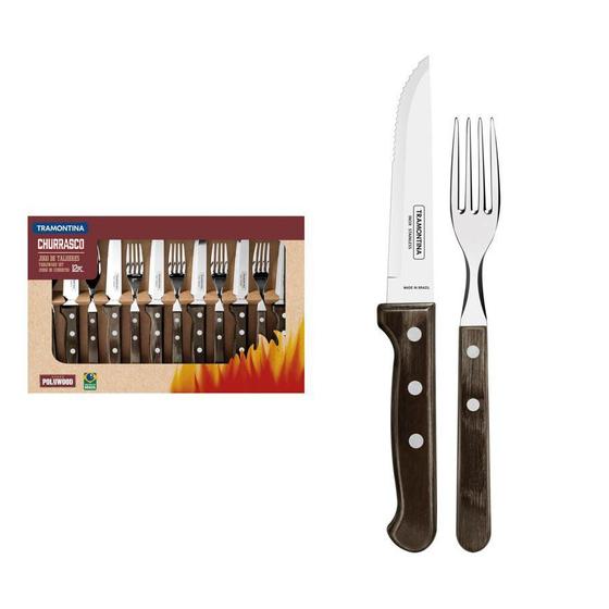 Imagem de Jogo de Talheres Jumbo Tramontina Churrasco Lâminas Aço Inox Madeira Polywood Castanho 12 Peças