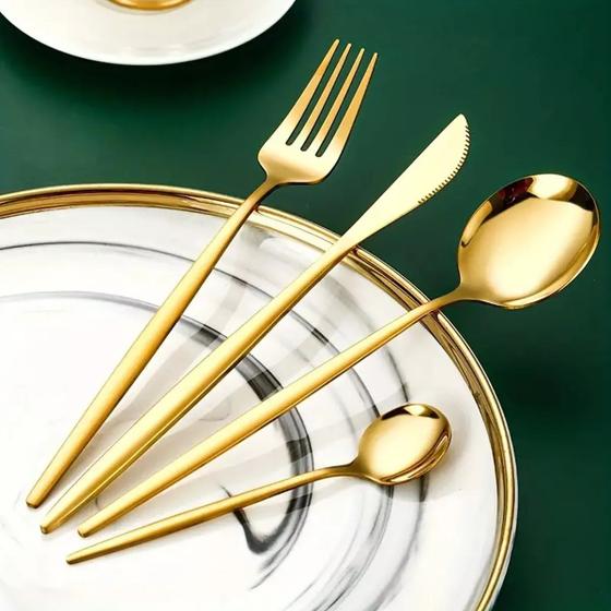 Imagem de Jogo De Talheres P Aparelho De Jantar Faqueiro Inox Dourado Rosê Dourado/Preto 24 Peças Utensílios de Cozinha Completo