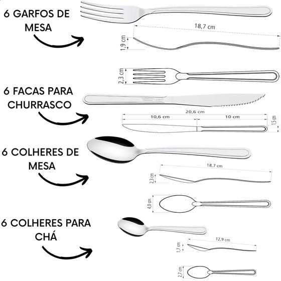 Infográfico detalhando as medidas e quantidades de cada tipo de talher do conjunto Búzios