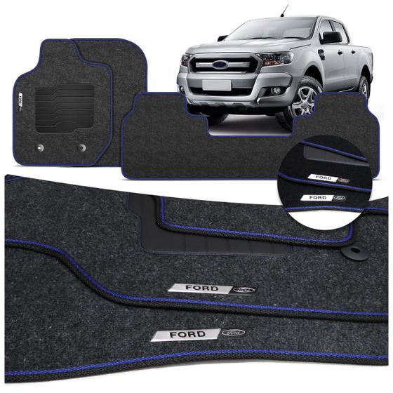 Imagem de Jogo de Tapete Carpete Premium Ranger CD 2013 a 2023 Preto Com Placa Personalizada Ford