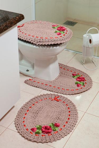 Imagem de Jogo De Tapete De Croche Para Banheiro Jogo Com 3pç Bordado