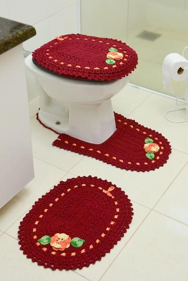 Imagem de Jogo De Tapete Para Banheiro De Croche 3 Peças Vermelho Queimado