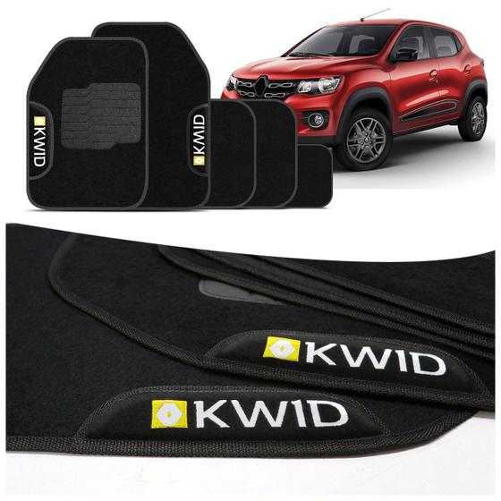 Imagem de Jogo de Tapetes Carpete Renault Kwid 2017 a 2020 Preto com Logo Bordado Concept 3D 5 Peças