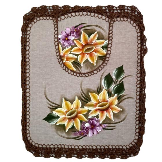 Imagem de Jogo de Tapetes para Banheiro com Crochê de Linha Floral Antiderrapante