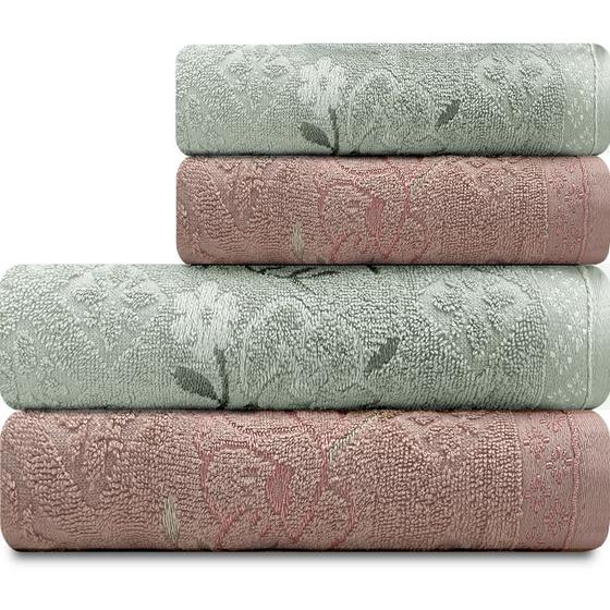 Jogo De Toalhas 4 Peças - Banho e Rosto Algodão Antipiling Yuna Karsten - Cor: Matcha e Rose