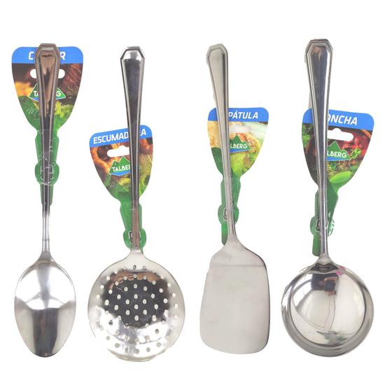 Imagem de Jogo De Utensílios de Cozinha em Aço Inox Conjunto Talheres Colher Concha Escumadeira Espátula 4 Peças