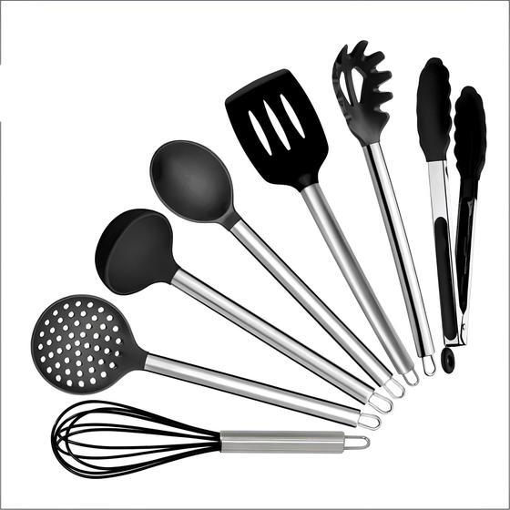 Imagem de Jogo de utensilios para cozinha em silicone c/ pegador 7 pçs preto