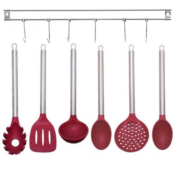 Imagem de Jogo de Utensílios Silicone 6 Peças Premium e Suporte Inox para Parede - Yazi