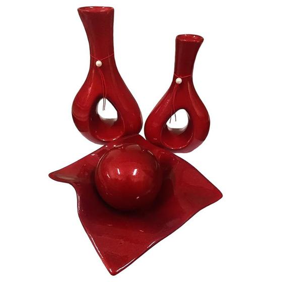 Imagem de Jogo de Vasos Par Furados e Centro de Mesa de Sala Decor - Vermelho