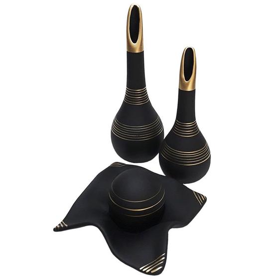 Imagem de Jogo de Vasos Par Lâmpadas e Centro de Mesa Cerâmica Fosca - Black Gold