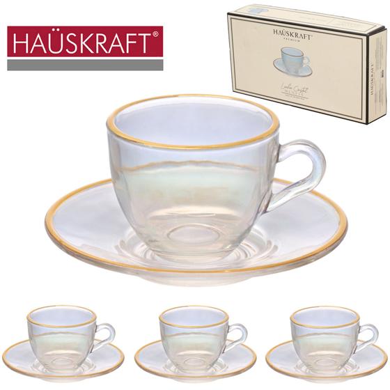 Imagem de Jogo de xícara de vidro furta cor para café 90ml com borda fio de ouro dourado rosa lilás