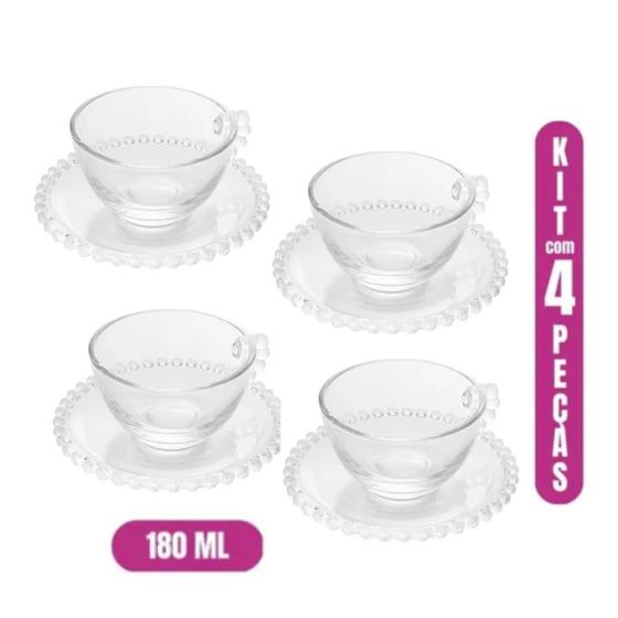 Imagem de Jogo de Xicaras Para Chá Café de Cristal Com Pires Caneca Decorada com Bolinhas Transparentes 180ml