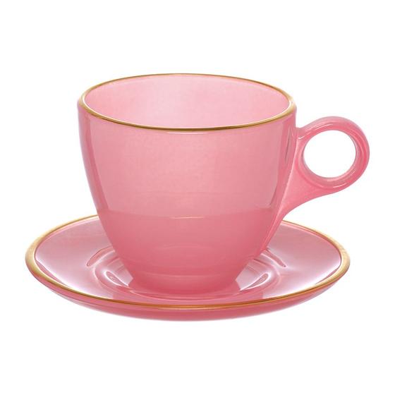 Imagem de Jogo de Xícaras para Chá Matte com Pires em Cristal Rosa com Borda Dourada 170ml 4 Peças - Hauskraft