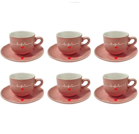 Imagem de Jogo de Xícaras Porcelana Lamour Hauskraft para Café 6 Xícaras e 6 Pires 90ml Rosa